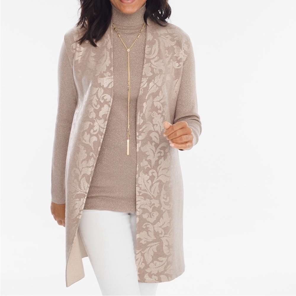 Chico's Reversible Shine Cardigan Sweater Vest Tunic Beige Metallic Size 0 Small